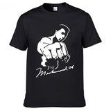T-shirt boxe noir à l'effigie de Mohamed Ali, silhouette au pochoir blanche et signature manuscrite