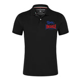 Polo Lonsdale noir, logo bicolore bleu et rouge