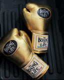 Gants de boxe No Boxing No Life or, écusson sur fond noir et étiquette de poignet blanche The Championship Line
