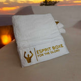 Serviette de bain boxe en coton éponge blanc, bande nid d'abeille brodée