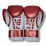 Gants de sparring Esprit Boxe rouges, détail du cuir de vachette et de la couture cousue main