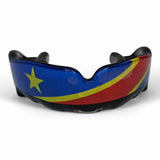 Protège-dents de boxe Congo RDC, drapeau bleu ciel à bande diagonale rouge et étoile jaune