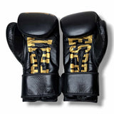 Gants de sparring Esprit Boxe noir et or, fermeture velcro vue de dessus