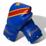 Gants de boxe de sparring Congo en cuir bleu, drapeau RDC avec étoile jaune et bande rouge, logo Esprit Boxe doré