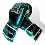 Gants de sparring Esprit Boxe vert métallique, en cuir empilés, marquage Esprit Boxe For the Glory