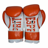 Gants de sparring Esprit Boxe orange, détail du cuir de vachette et de la couture cousue main