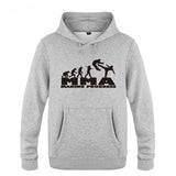Sweat à capuche MMA Making Progress gris chiné, logo noir, frise de l'évolution jusqu'au combattant