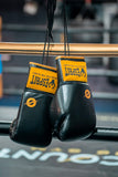 Gants de boxe personnalisés noir et jaune suspendus au ring, marquage Esprit Boxe