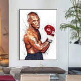 Tableau Mike Tyson bras leve, gant rouge Everlast, eclaboussures sur fond blanc, affiche dans un salon