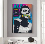 Tableau Mohamed Ali pop art, portrait baillonne d'un bandeau jaune et cadenas