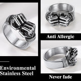 Bague boxe double poings en acier 316L : vues de face, de profil et de trois quarts