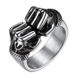 Bague boxe double poings, finition argent patinée, phalanges et tendons modelés