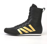 Chaussures de boxe en toile noire à 3 bandes dorées, vue de profil