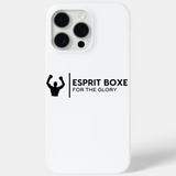 Coque iPhone boxe Esprit Boxe blanche à logo noir, boxeur bras levés et signature For the Glory, vue de dos