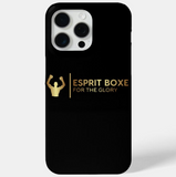 Coque iPhone boxe Esprit Boxe noire à logo doré, boxeur bras levés et signature For the Glory, vue de dos