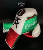Gants de boxe style mexicain No Boxing No Life, cuir blanc vert et rouge, monogramme Canelo, laçage blanc