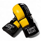 Gants de sparring MMA Esprit Boxe noir et jaune, marquage Esprit Boxe sur le rabat velcro