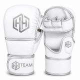 Gants de sparring MMA personnalisés blancs pour un club, logo argenté