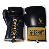 Gants de boxe pro Esprit Boxe à lacets noir et or, vue des deux faces