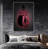 Tableau paire de gants de boxe tracee en neon rose avec le mot Hustle