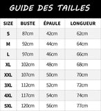 Guide des tailles du bomber UFC, buste épaule et longueur du S au 5XL