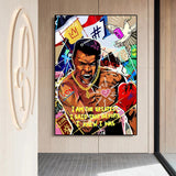 Tableau Mohamed Ali street art, portrait criant avec chaîne dorée, accroché dans un couloir