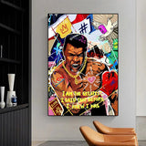 Tableau Mohamed Ali street art, portrait criant avec chaîne dorée, vue rapprochée de la toile