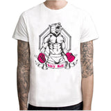 T-shirt blanc à ours boxeur musclé avec gants roses, illustration au trait