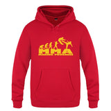Sweat à capuche MMA Making Progress rouge, logo jaune, frise de l'évolution jusqu'au combattant