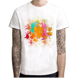 T-shirt blanc à éclaboussures de peinture multicolores et silhouettes de boxeurs
