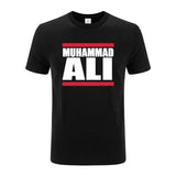 T-shirt Muhammad Ali noir, lettrage blanc entre deux barres rouges