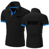 Polo Rocky Balboa noir à liseré contrasté, vue avant et arrière
