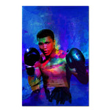 Tableau Mohamed Ali bleu, portrait en aplats bleus violets et jaunes, vue rapprochee de la toile