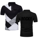 Polo Rocky Balboa noir, empiècements en diagonale, vue avant et arrière