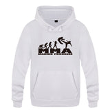 Sweat à capuche MMA Making Progress blanc, logo noir, frise de l'évolution jusqu'au combattant