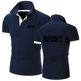 Polo Rocky Balboa bleu marine à liseré contrasté, vue avant et arrière