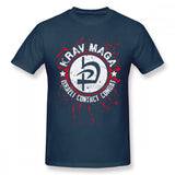 T-shirt Krav Maga bleu marine : écusson rond blanc, emblème du Krav Maga et éclaboussures rouges