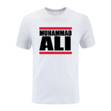 T-shirt Muhammad Ali blanc, lettrage noir entre deux barres rouges