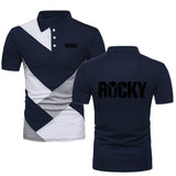 Polo Rocky Balboa bleu marine, empiècements en diagonale, vue avant et arrière