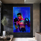 Tableau Mohamed Ali bleu, portrait en aplats bleus violets et jaunes