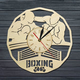 Horloge boxe en bois découpé, scène de ring et lettrage BOXING