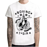 T-shirt blanc à emblème circulaire BOXING, gants suspendus et mentions 12 rounds