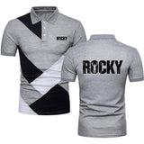 Polo Rocky Balboa gris, empiècements en diagonale, vue avant et arrière