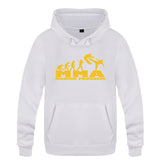 Sweat à capuche MMA Making Progress blanc, logo jaune, frise de l'évolution jusqu'au combattant