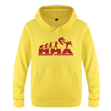 Sweat à capuche MMA Making Progress jaune, logo rouge, frise de l'évolution jusqu'au combattant