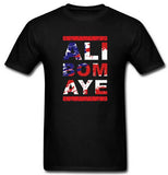 T-shirt boxe noir ALI BOM AYE, lettrage vieilli rempli du drapeau américain