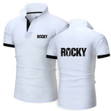 Polo Rocky Balboa blanc à liseré noir, vue avant et arrière