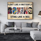 Tableau typographique paysage, le mot Boxing en lettres illustrees, vue rapprochee de la toile