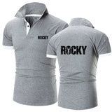 Polo Rocky Balboa gris à liseré blanc, vue avant et arrière