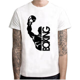 T-shirt blanc à silhouette noire de boxeur et lettrage BOXING vertical